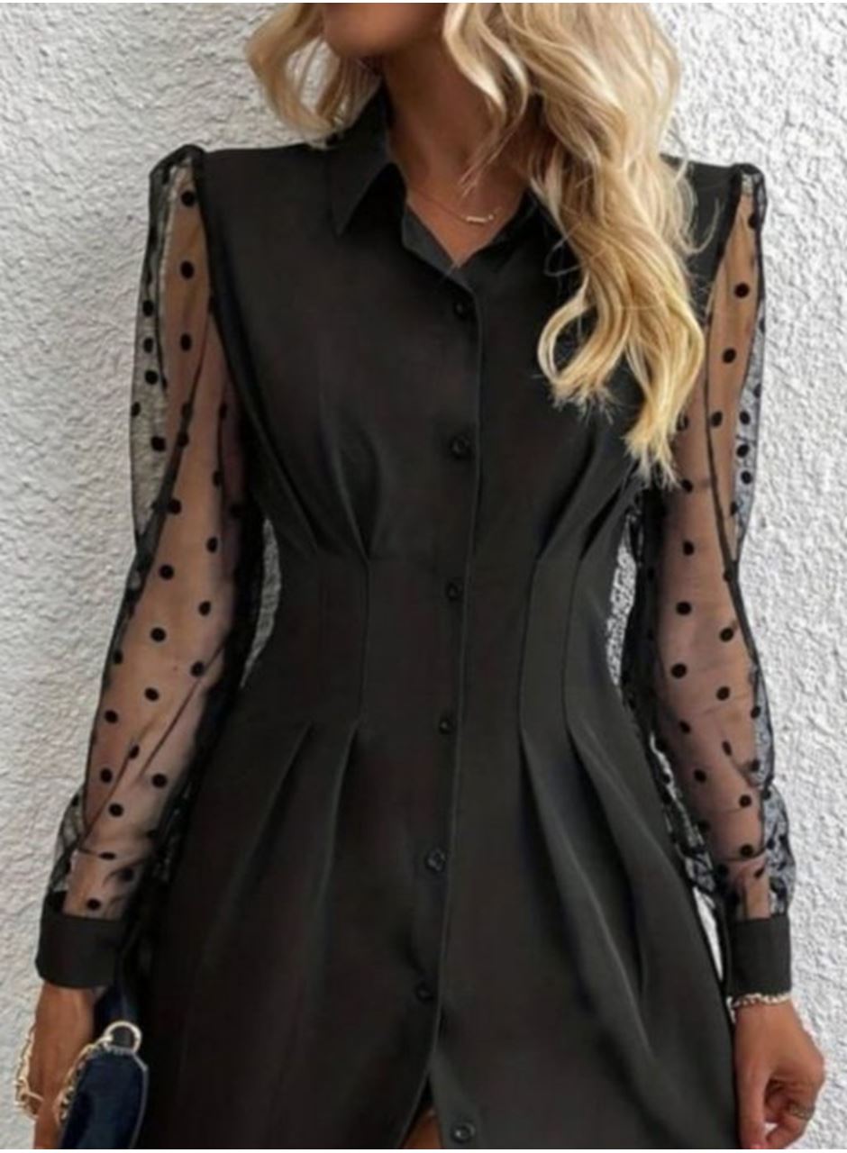 Kadın Uzun Kollu Yakalı Düğmeli Mini Ithal Krep Elbise