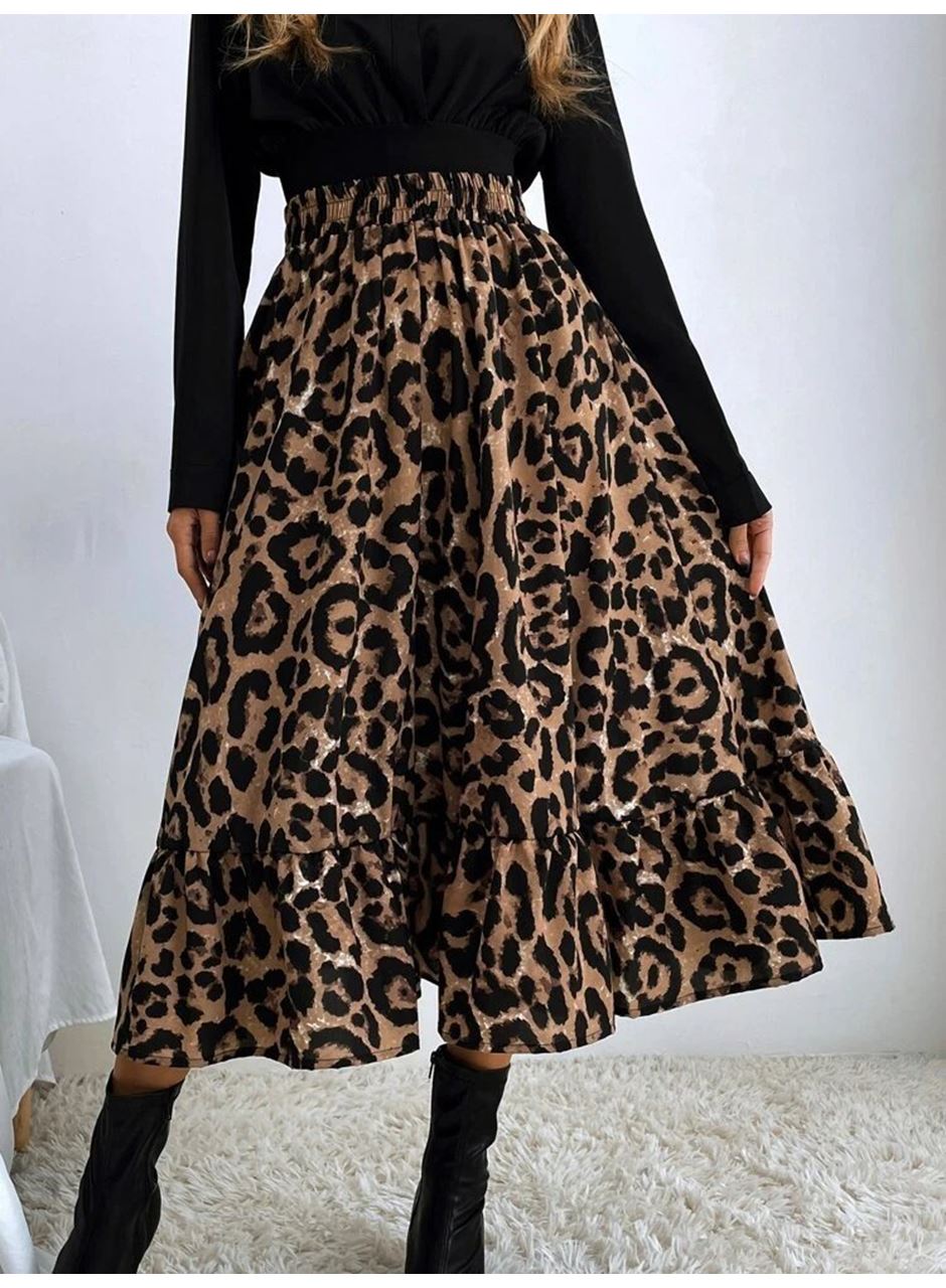 Kadın Uzun Kollu Kruvaze Yakalı Ithal Krep Bluz Ve Leopar Desenli Süprem Uzun Elbise