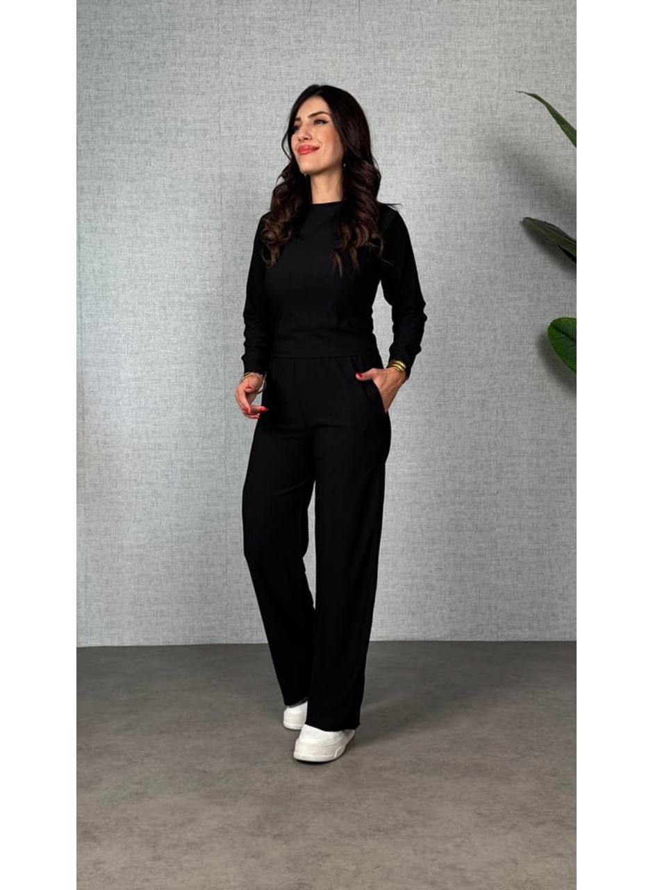 Kadın Uzun Kol Bisiklet Yaka Bürümcük Bluz Ve Pantolon Ikili Takım