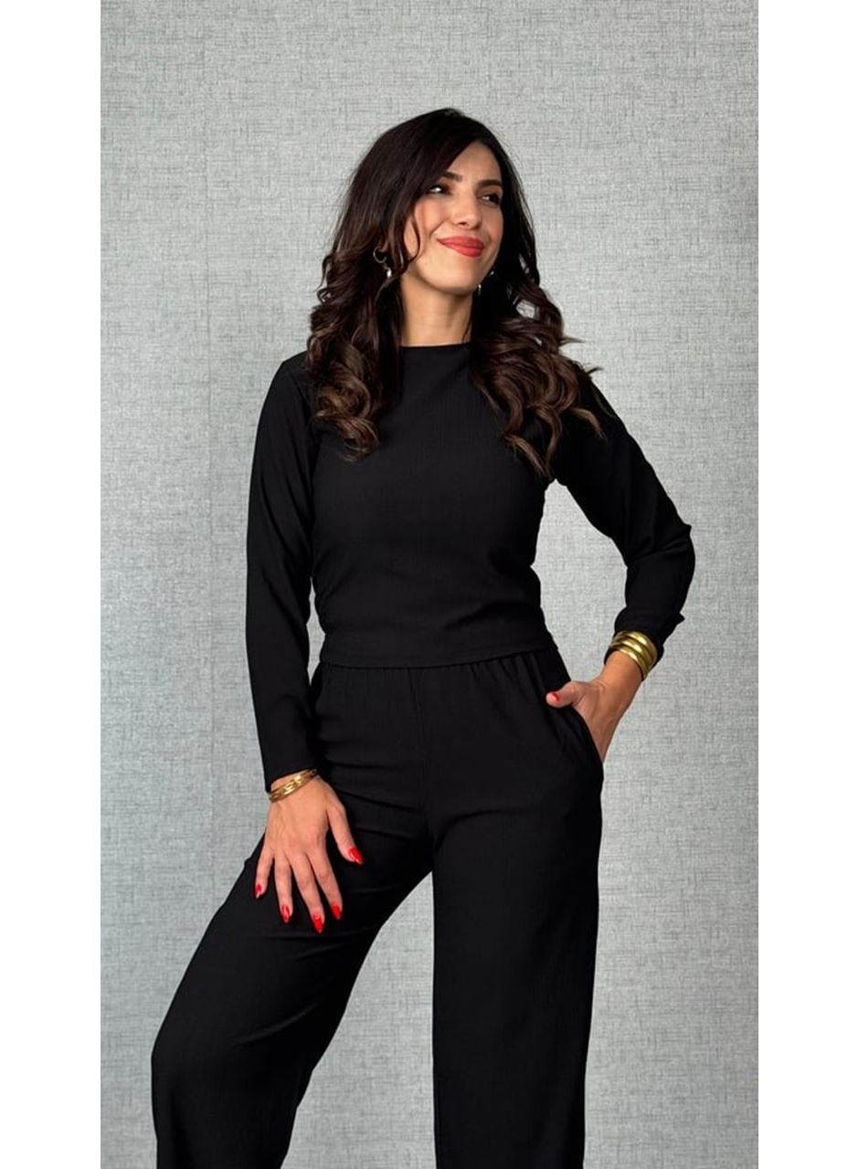 Kadın Uzun Kol Bisiklet Yaka Bürümcük Bluz Ve Pantolon Ikili Takım