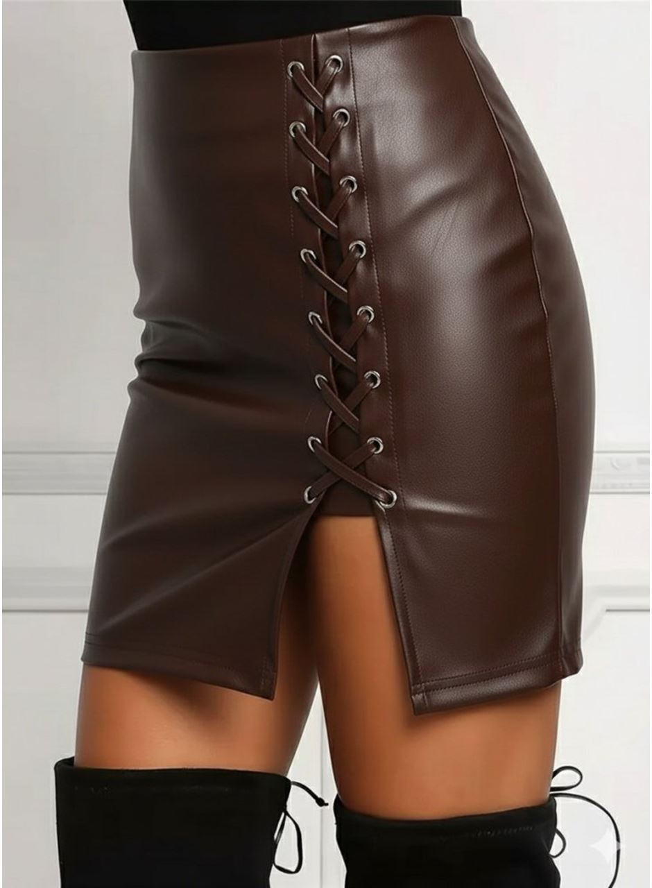 Kadın Yüksek Bel Yandan çapraz Bağcıklı Yırtmaçlı Mini Deri Etek