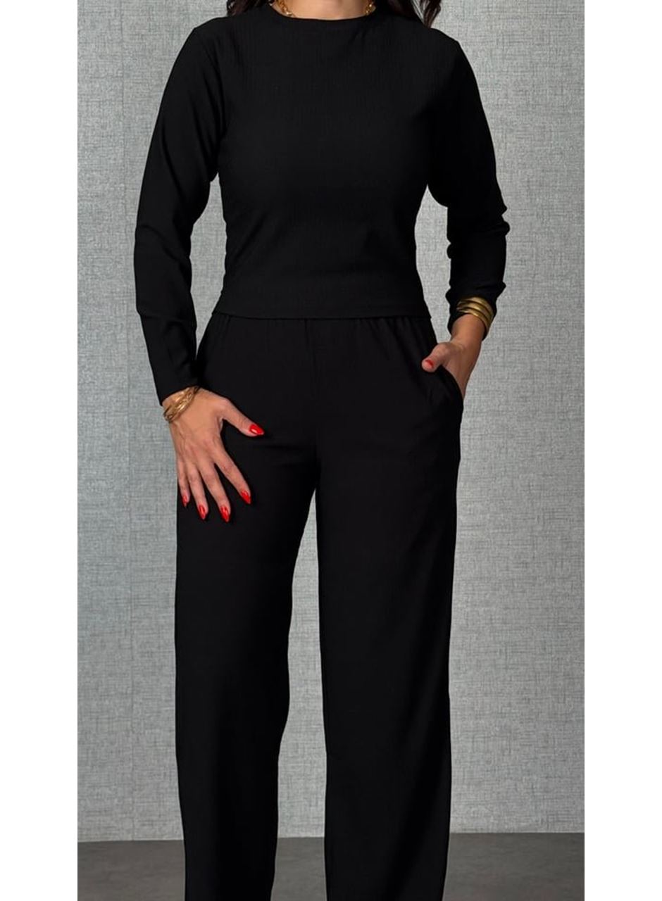 Kadın Uzun Kol Bisiklet Yaka Bürümcük Bluz Ve Pantolon Ikili Takım