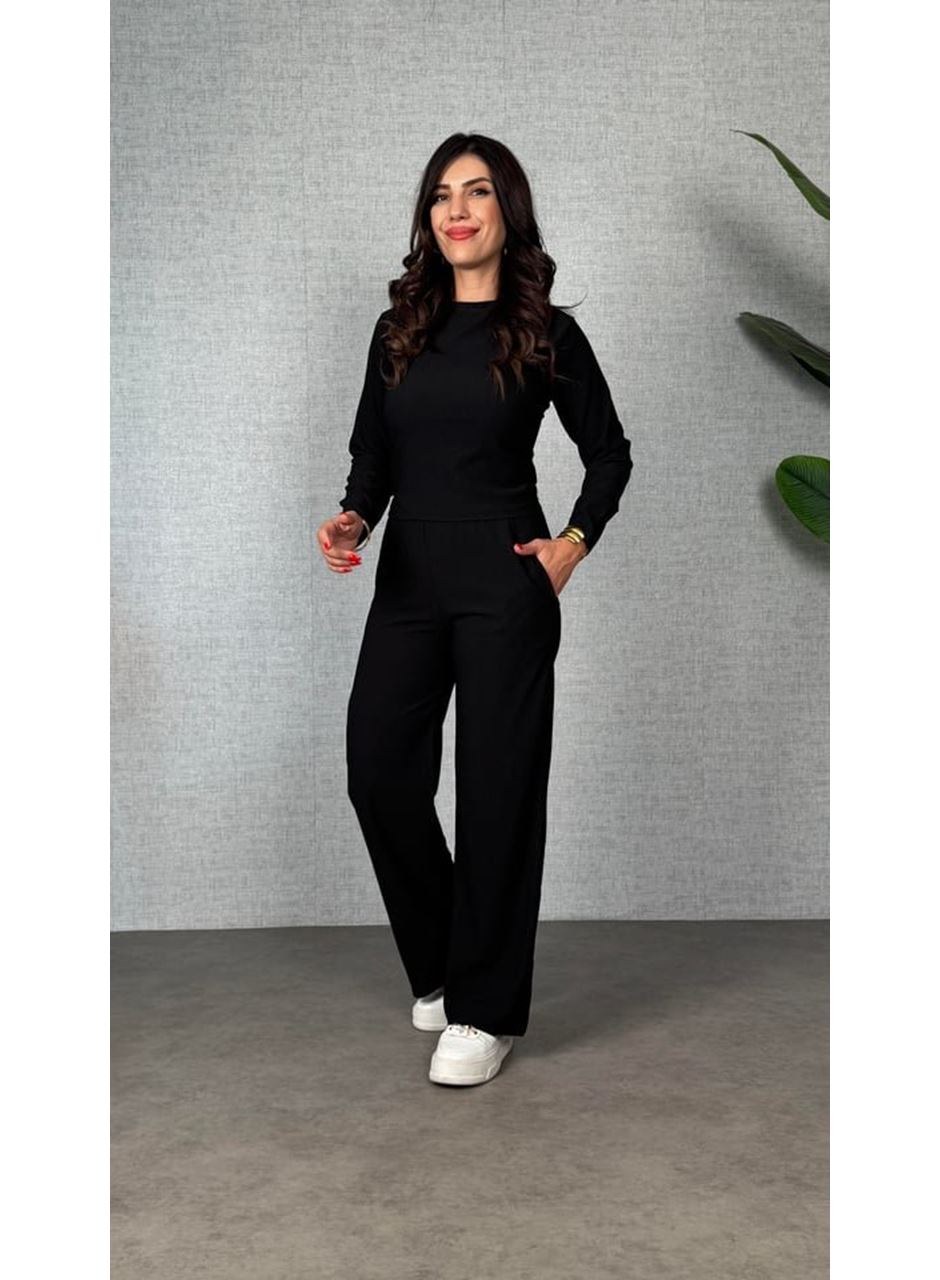 Kadın Uzun Kol Bisiklet Yaka Bürümcük Bluz Ve Pantolon Ikili Takım