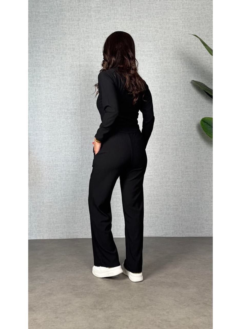 Kadın Uzun Kol Bisiklet Yaka Bürümcük Bluz Ve Pantolon Ikili Takım