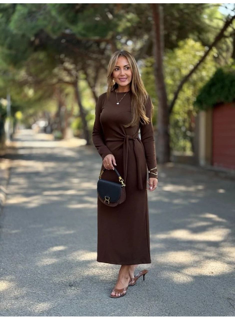 Kadın Uzun Kollu Bisiklet Yaka Yandan Bağlamalı Uzun Modal Elbise