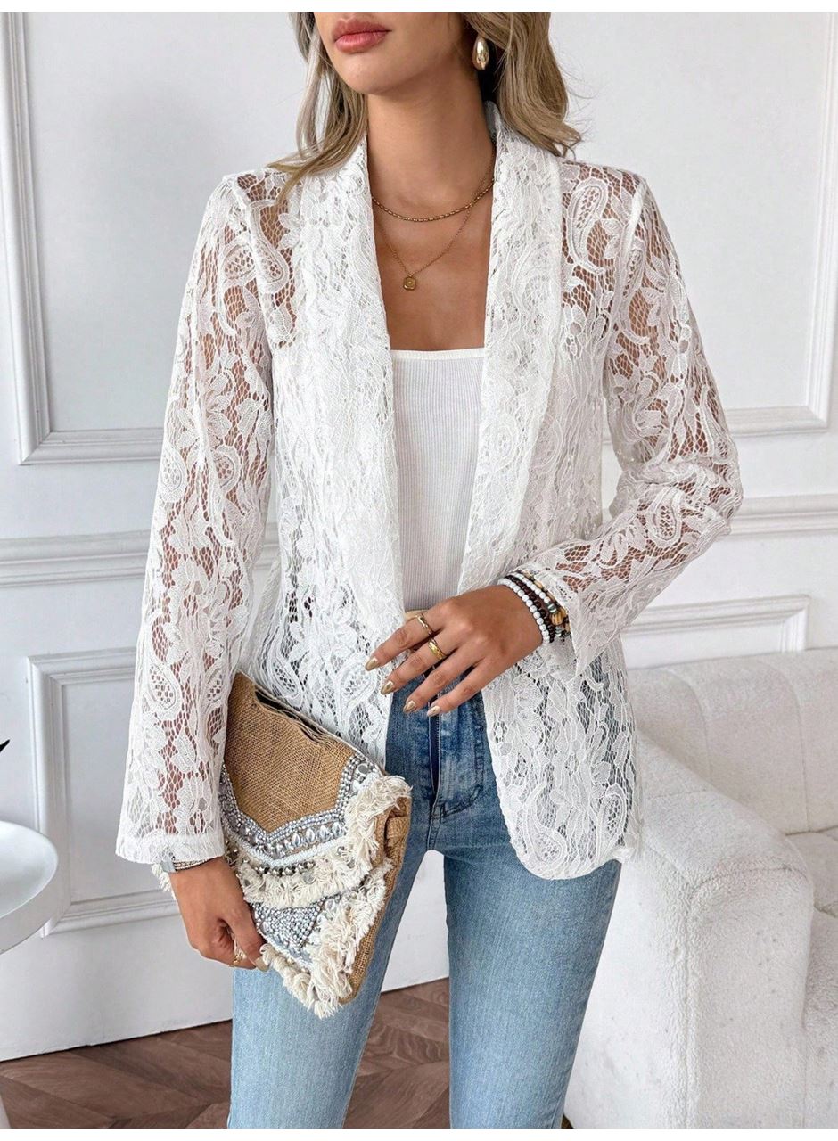 Kadın Uzun Kollu Yakalı önü Açık Dantelli Ceket