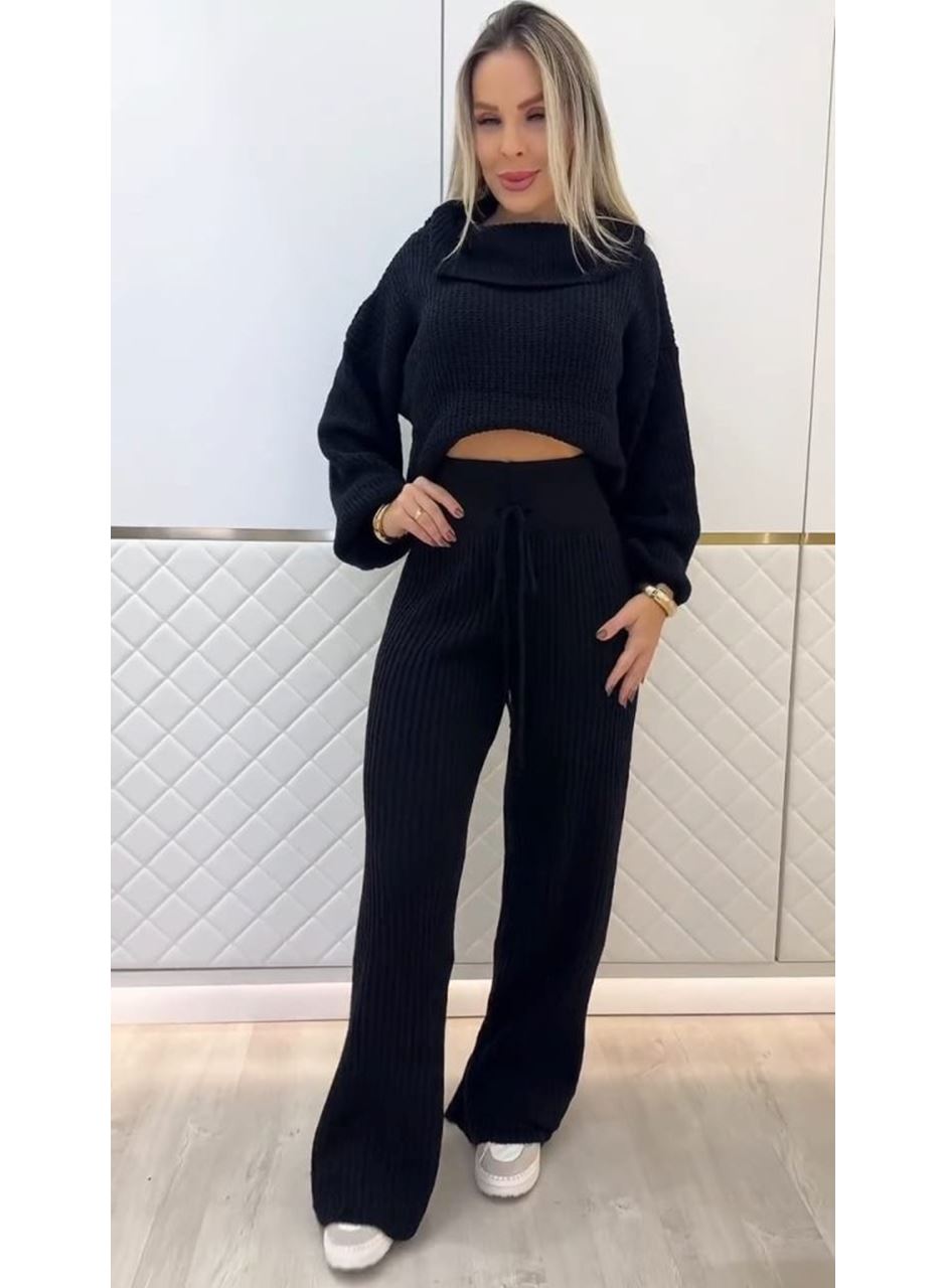 Kadın Uzun Kollu Balıkçı Yaka Kısa Triko Bluz Ve Pantolon Ikili Takım