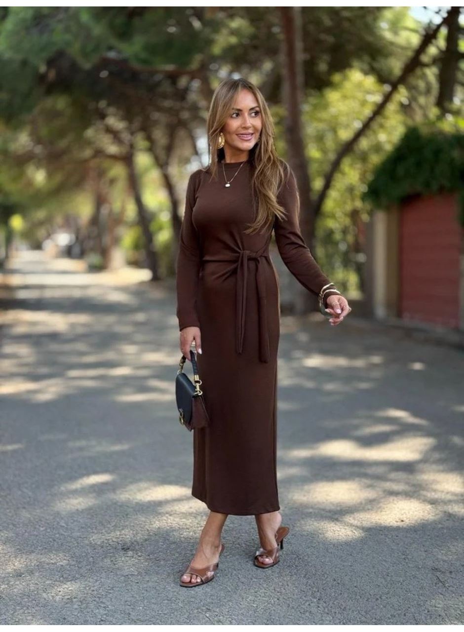 Kadın Uzun Kollu Bisiklet Yaka Yandan Bağlamalı Uzun Modal Elbise