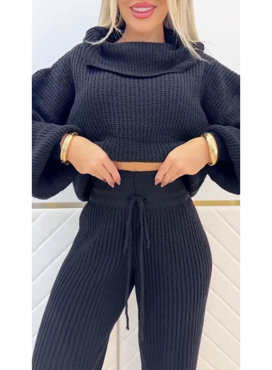 Kadın Uzun Kollu Balıkçı Yaka Kısa Triko Bluz Ve Pantolon Ikili Takım