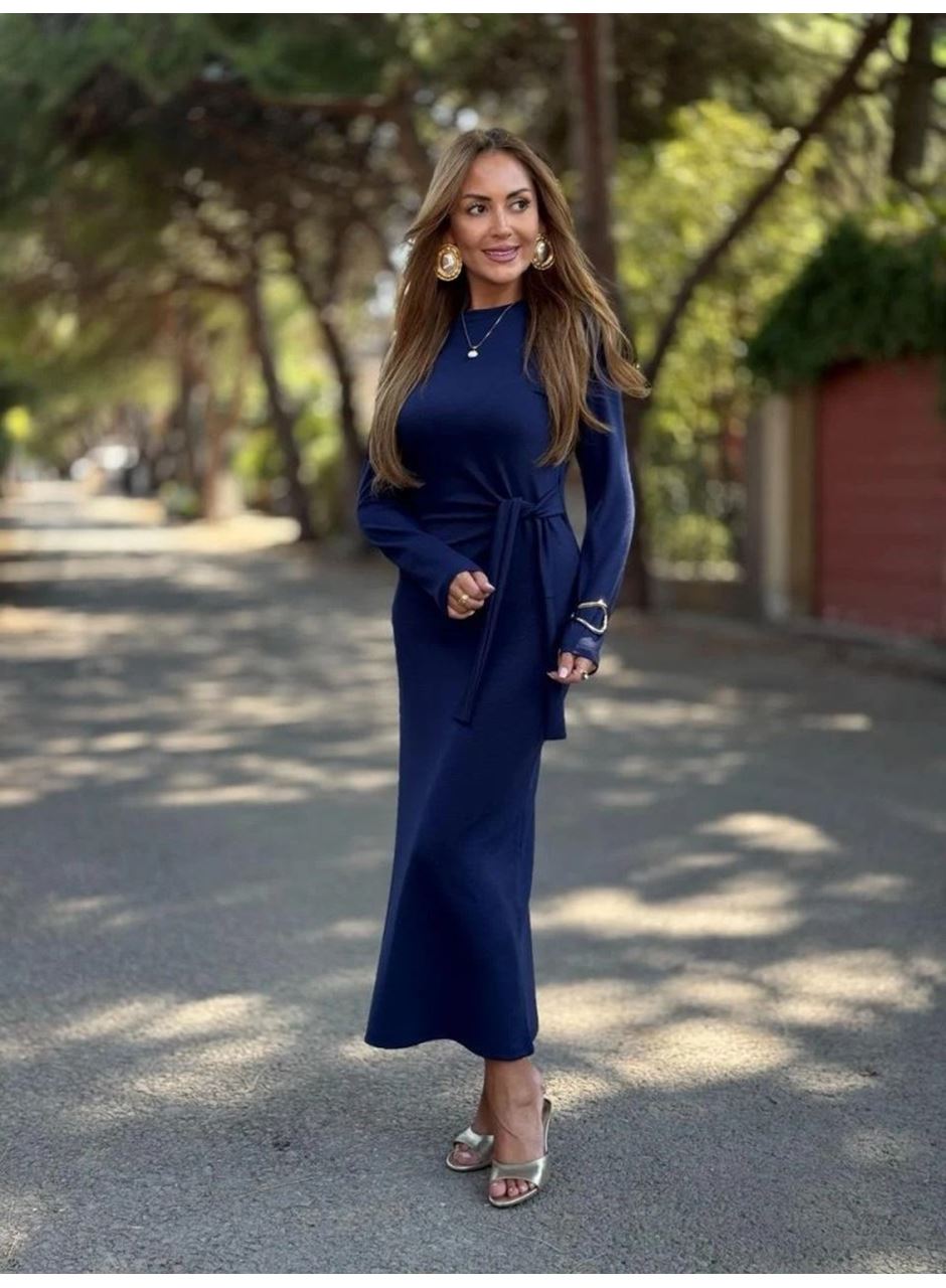 Kadın Uzun Kollu Bisiklet Yaka Yandan Bağlamalı Uzun Modal Elbise