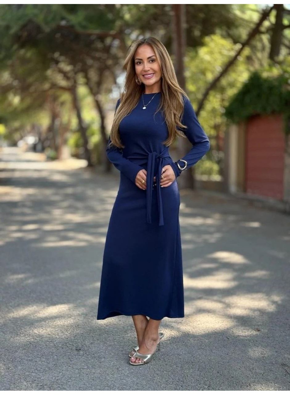 Kadın Uzun Kollu Bisiklet Yaka Yandan Bağlamalı Uzun Modal Elbise