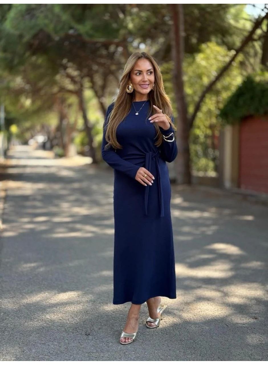 Kadın Uzun Kollu Bisiklet Yaka Yandan Bağlamalı Uzun Modal Elbise
