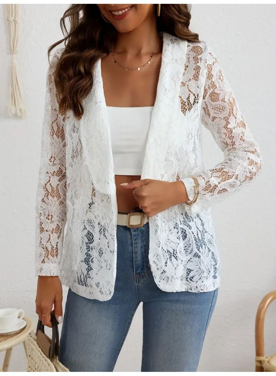 Kadın Uzun Kollu Yakalı önü Açık Dantelli Ceket