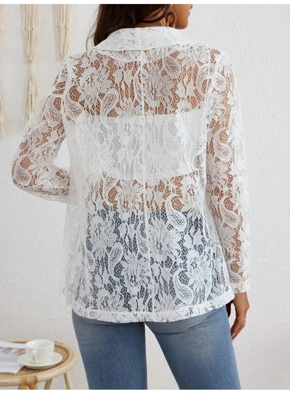 Kadın Uzun Kollu Yakalı önü Açık Dantelli Ceket