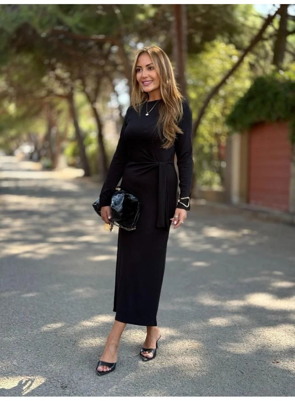 Kadın Uzun Kollu Bisiklet Yaka Yandan Bağlamalı Uzun Modal Elbise