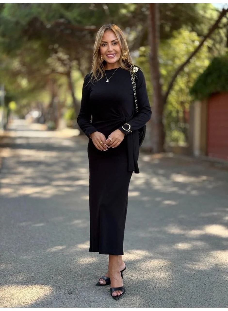 Kadın Uzun Kollu Bisiklet Yaka Yandan Bağlamalı Uzun Modal Elbise