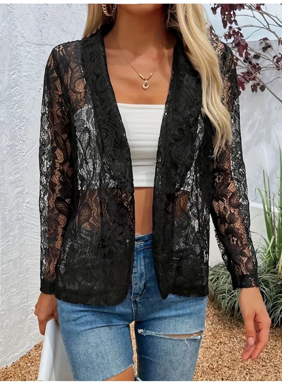 Kadın Uzun Kollu Yakalı önü Açık Dantelli Ceket
