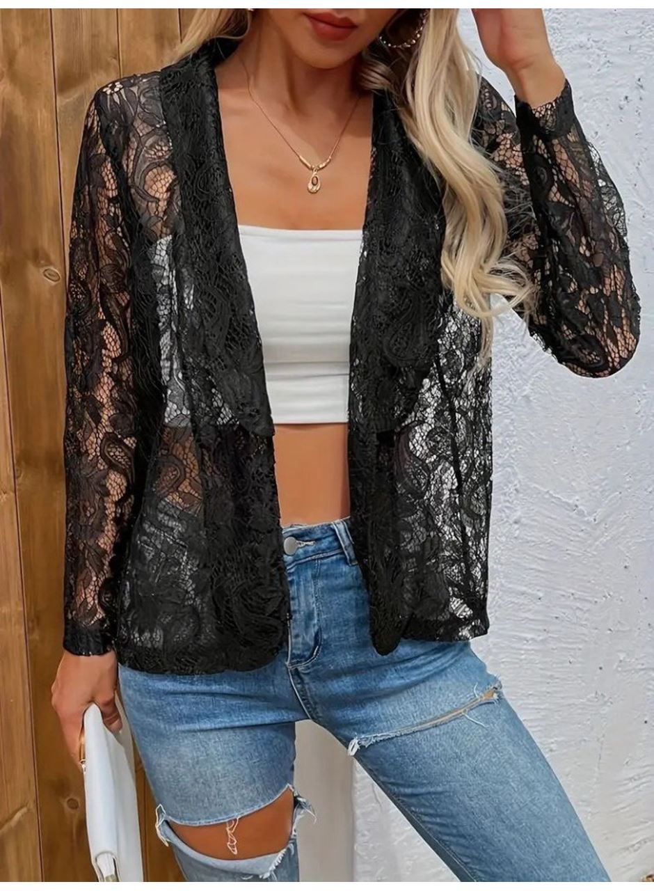 Kadın Uzun Kollu Yakalı önü Açık Dantelli Ceket
