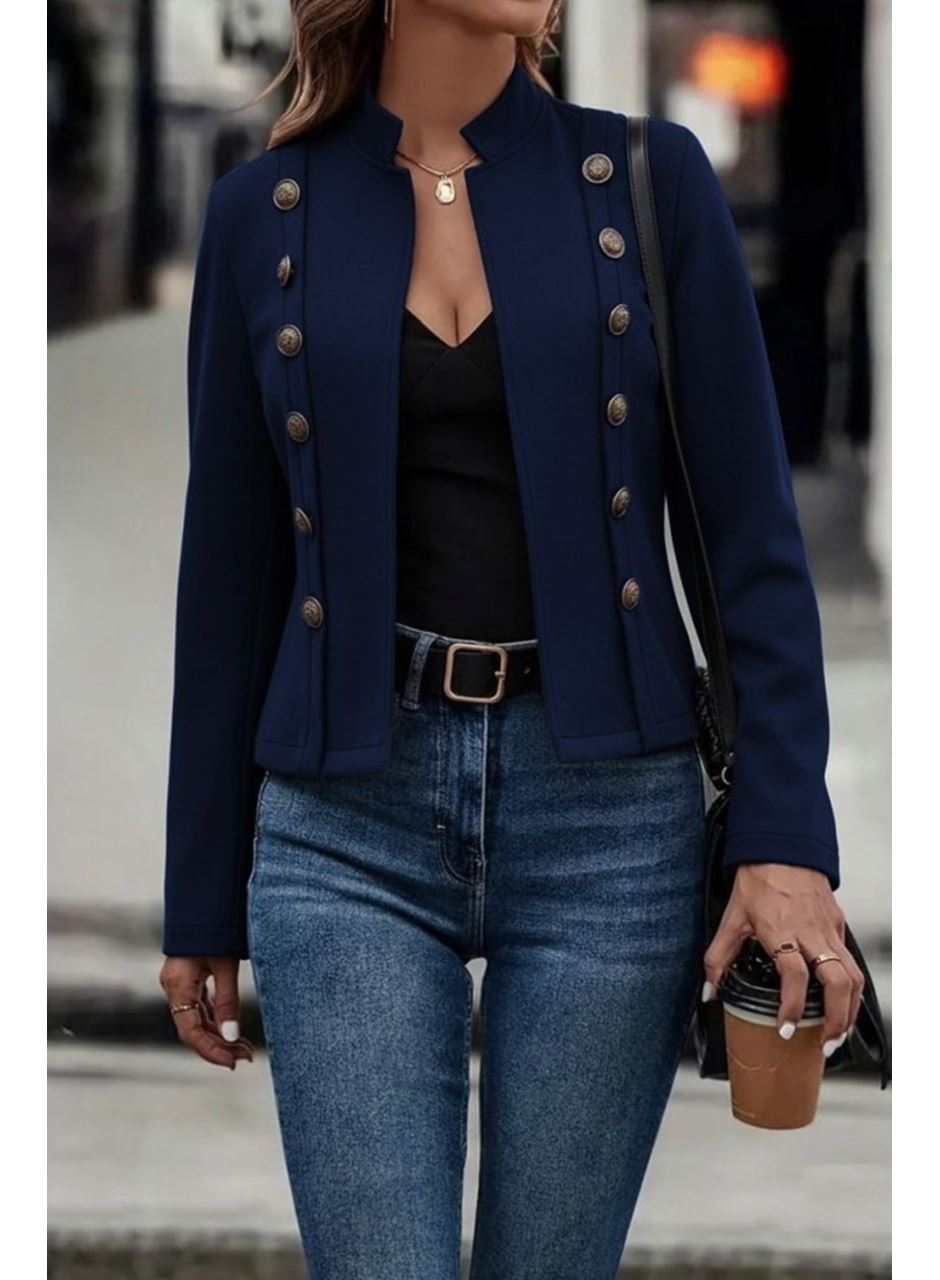 Kadın Uzun Kollu Hakim Yaka Yanlardan Düğmeli Kısa Süet Ceket