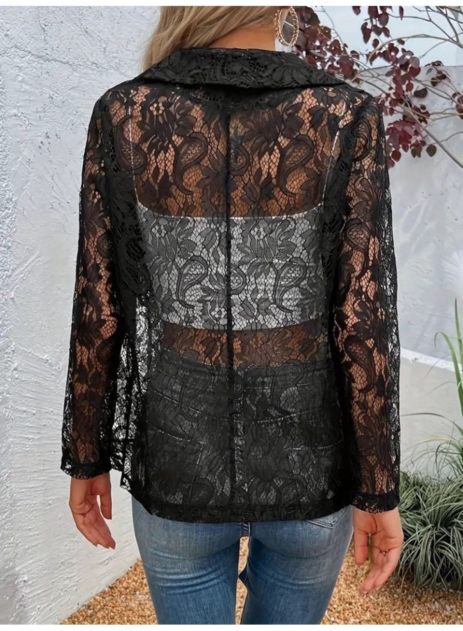 Kadın Uzun Kollu Yakalı önü Açık Dantelli Ceket