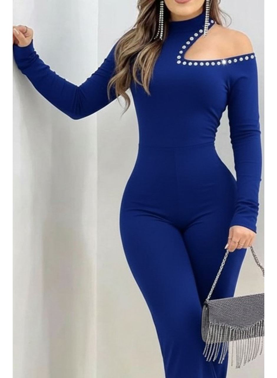 Kadın Tek Omuzdan Açık Balıkçı Yaka Taş Detaylı Uzun Ithal Krep Tulum