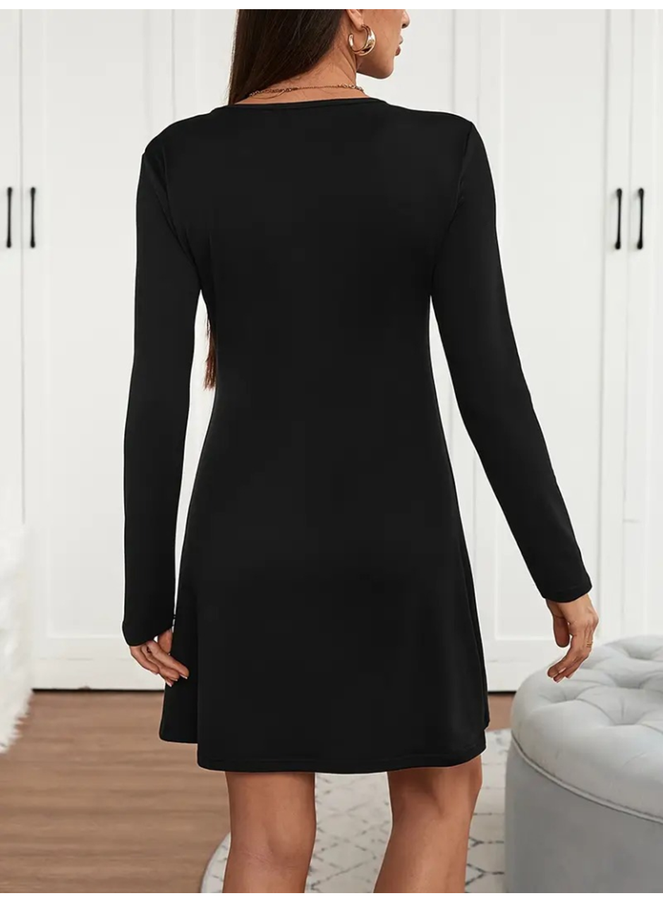 Kadın Uzun Kollu V şerit Yakalı Kısa Viskon Iki Iplik Elbise