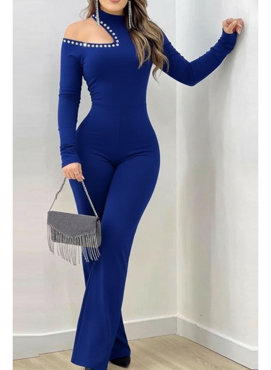 Kadın Tek Omuzdan Açık Balıkçı Yaka Taş Detaylı Uzun Ithal Krep Tulum