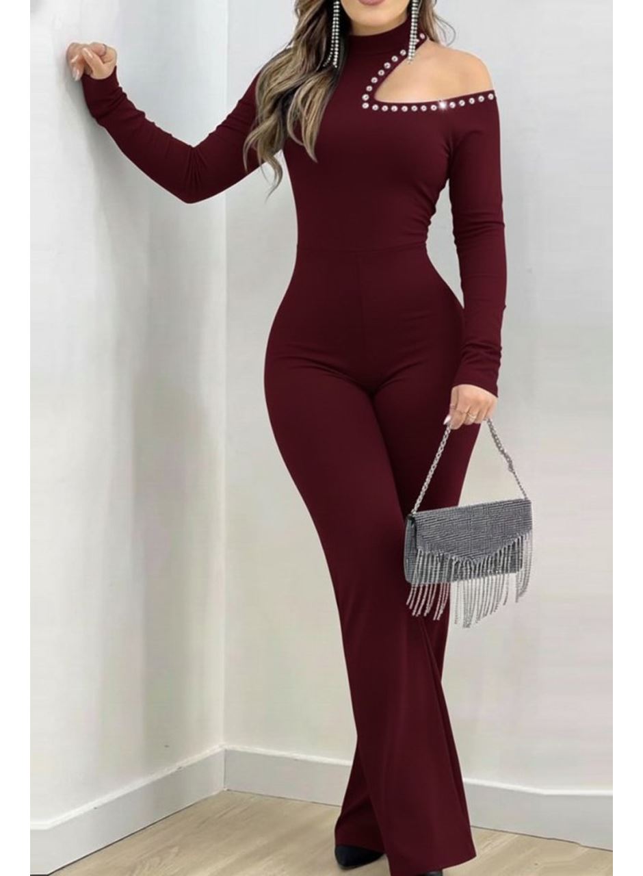 Kadın Tek Omuzdan Açık Balıkçı Yaka Taş Detaylı Uzun Ithal Krep Tulum