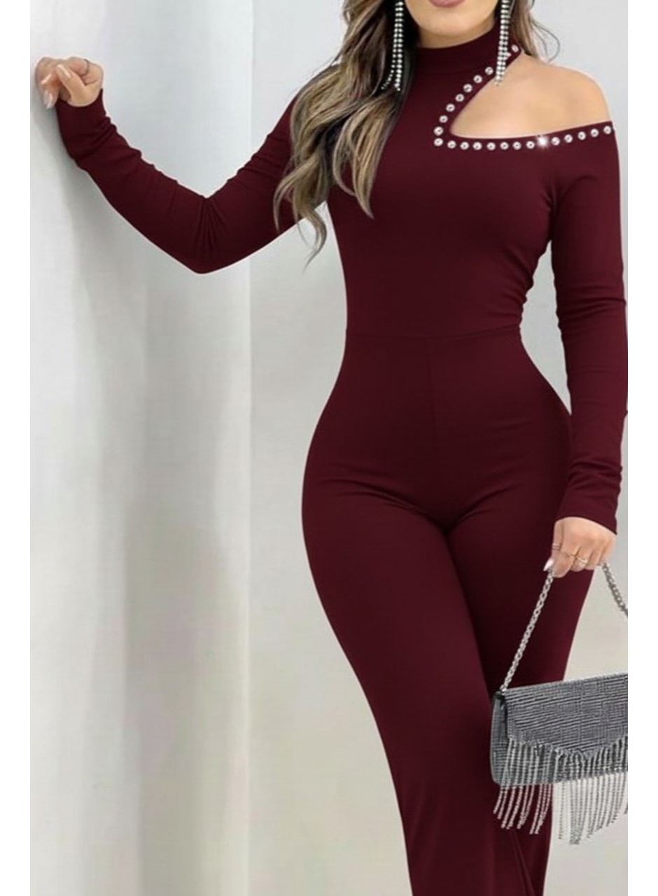 Kadın Tek Omuzdan Açık Balıkçı Yaka Taş Detaylı Uzun Ithal Krep Tulum