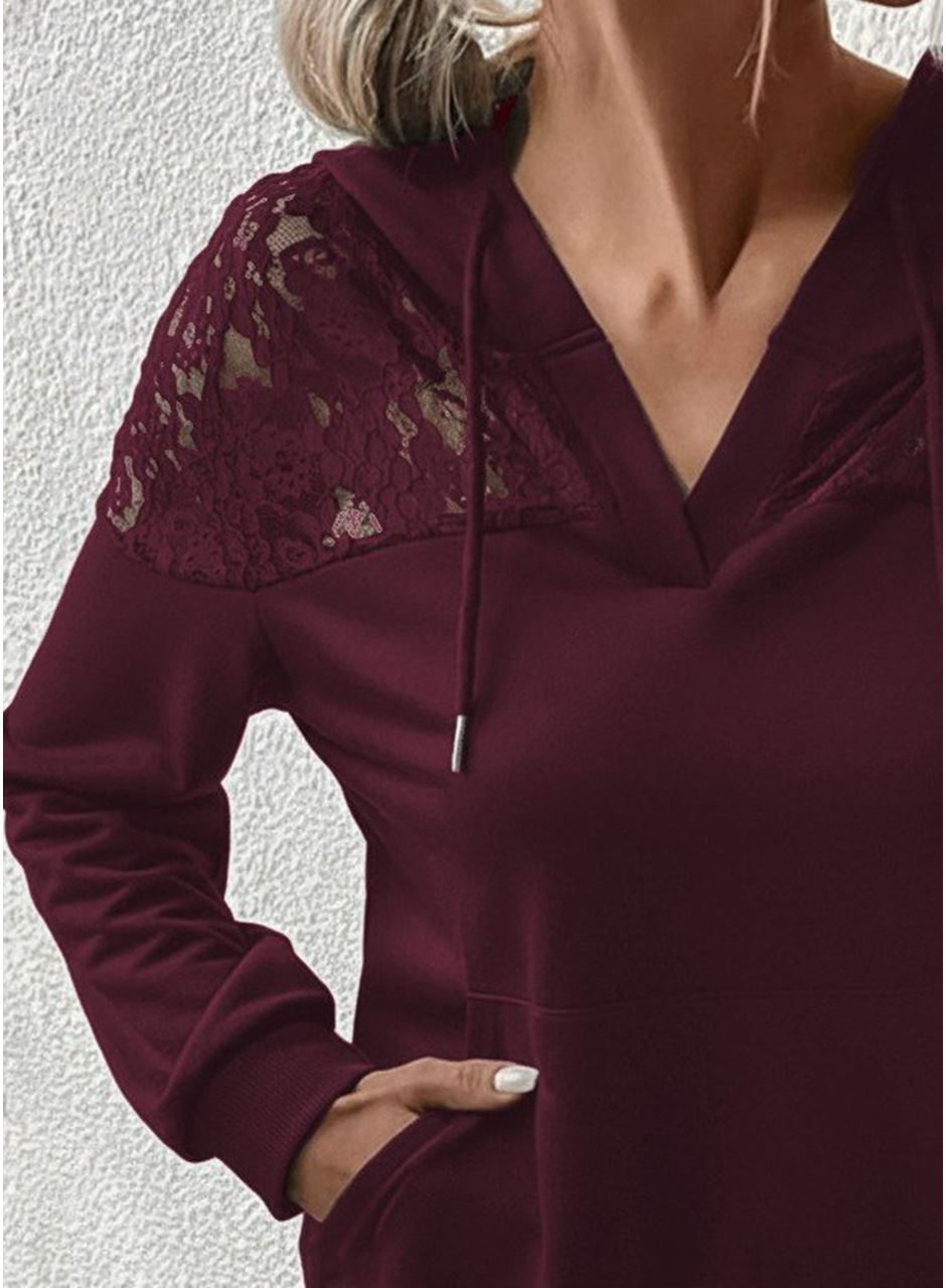 Kadın Uzun Kollu Kapşonlu Bağcıklı Dantelli Viskon Iki Iplik Bluz