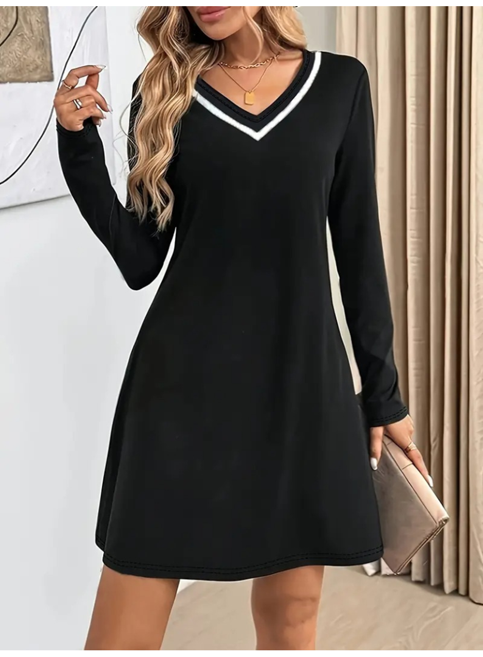 Kadın Uzun Kollu V şerit Yakalı Kısa Viskon Iki Iplik Elbise