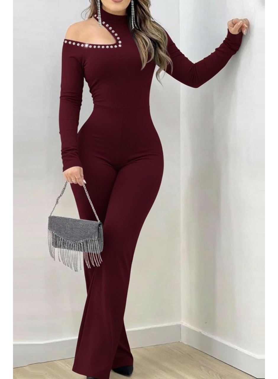 Kadın Tek Omuzdan Açık Balıkçı Yaka Taş Detaylı Uzun Ithal Krep Tulum