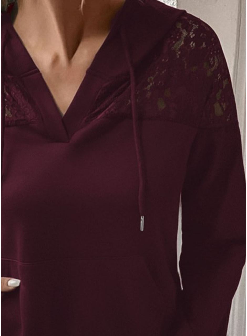 Kadın Uzun Kollu Kapşonlu Bağcıklı Dantelli Viskon Iki Iplik Bluz