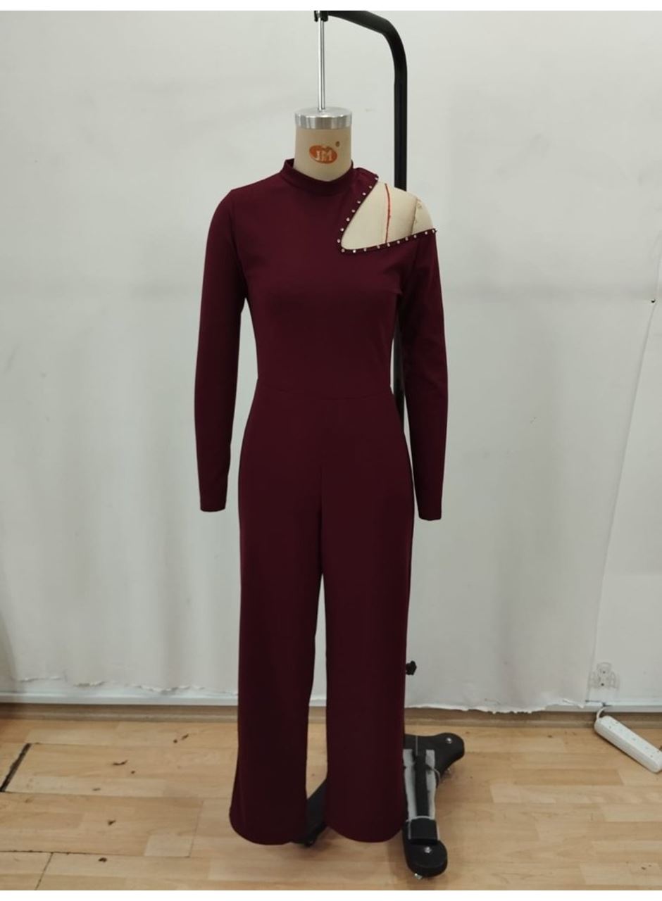 Kadın Tek Omuzdan Açık Balıkçı Yaka Taş Detaylı Uzun Ithal Krep Tulum