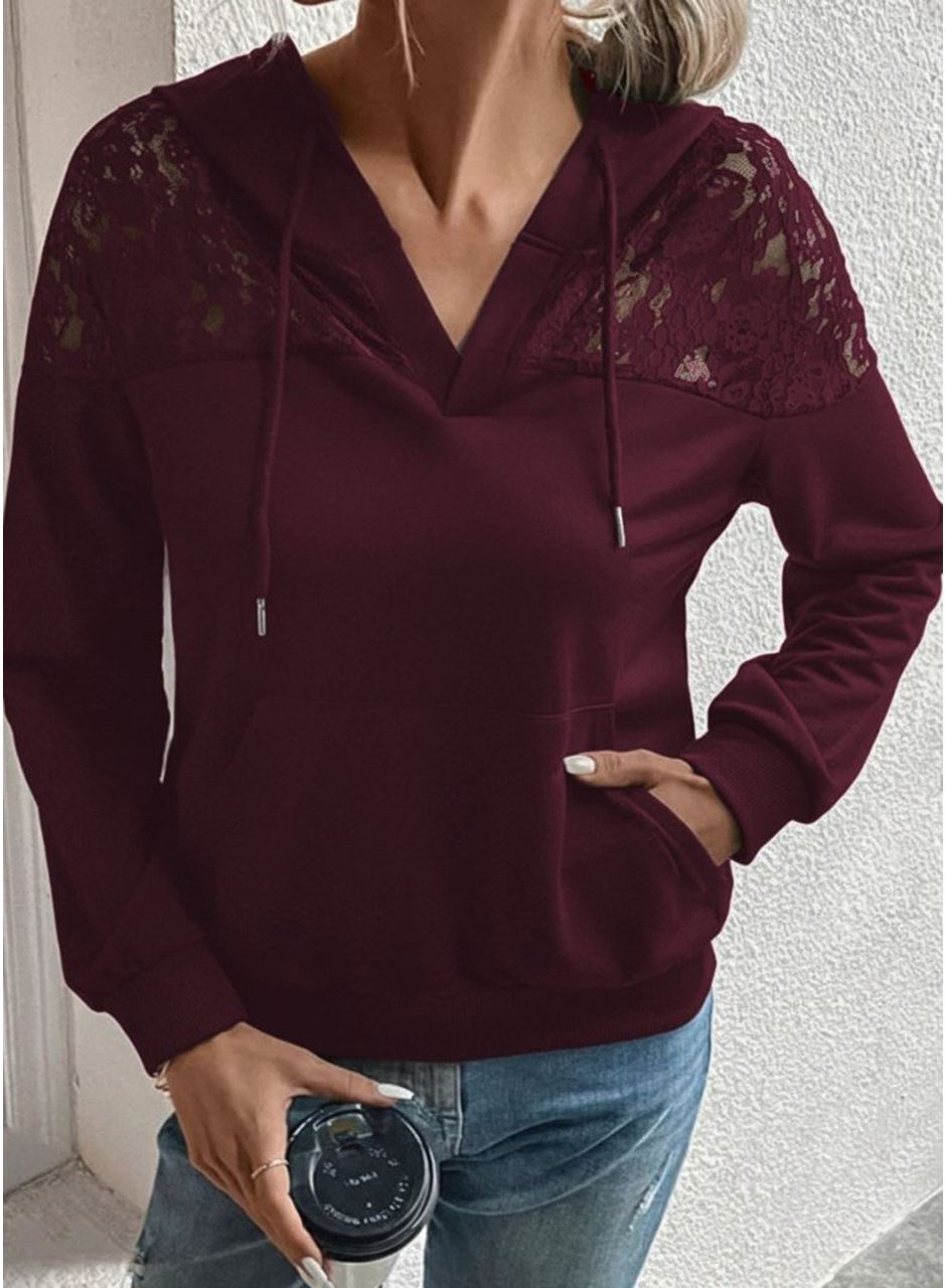 Kadın Uzun Kollu Kapşonlu Bağcıklı Dantelli Viskon Iki Iplik Bluz