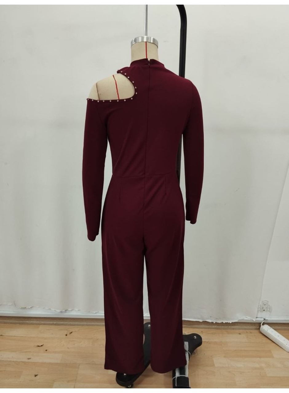 Kadın Tek Omuzdan Açık Balıkçı Yaka Taş Detaylı Uzun Ithal Krep Tulum