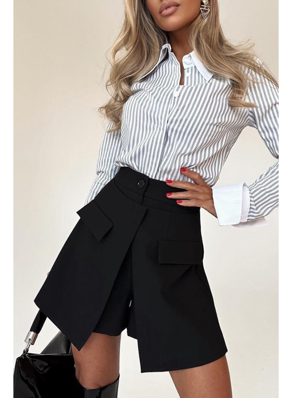 Kadın Yüksek Bel Düğmeli Asimetrik Kesim Cepli Kısa Ithal Krep şort Etek