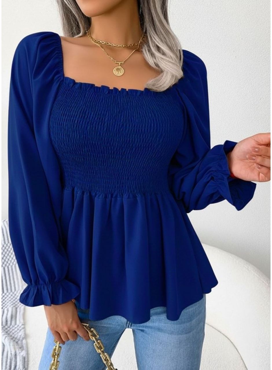 Kadın Uzun Kollu Geometrik Yakalı Gipe Detaylı Krep Bluz