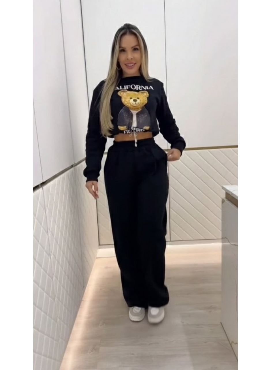 Kadın Uzun Kollu Bisiklet Yaka Desenli Iki Iplik şardonlu Bluz Ve Pantolon Ikili Takım