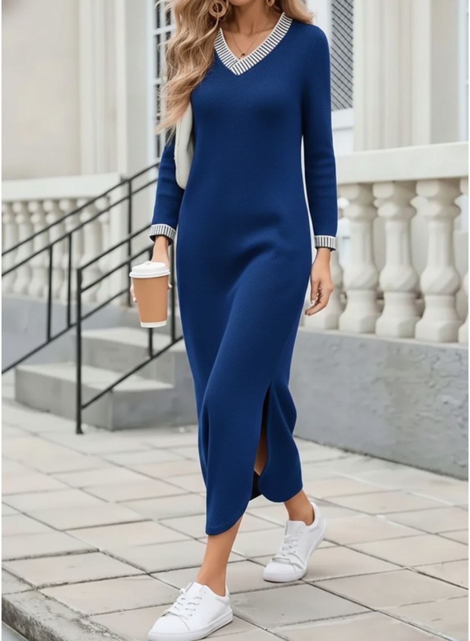 Kadın Uzun Kollu V Yakalı Yanlardan Yırtmaçlı Uzun Viskon Iki Iplik Elbise