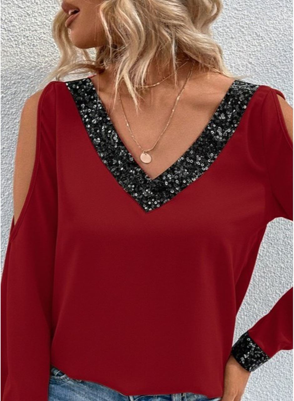 Kadın Uzun Kollu V Yakalı Omuzlardan Açık Sandy Bluz