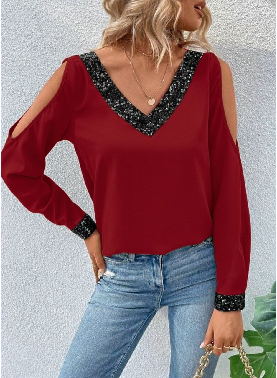 Kadın Uzun Kollu V Yakalı Omuzlardan Açık Sandy Bluz