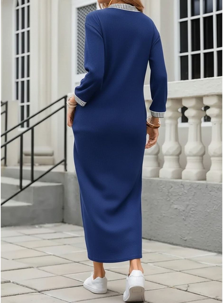 Kadın Uzun Kollu V Yakalı Yanlardan Yırtmaçlı Uzun Viskon Iki Iplik Elbise