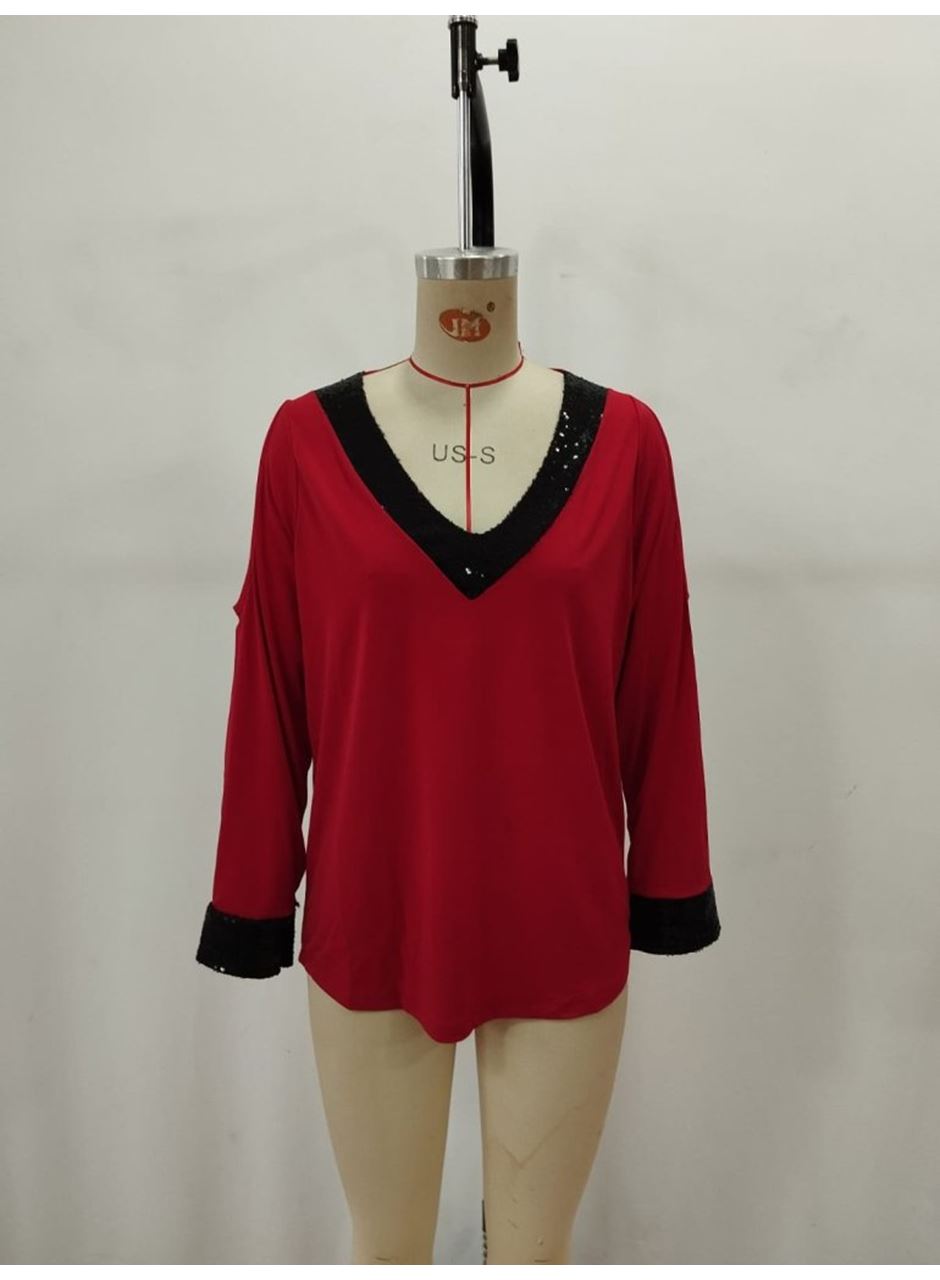 Kadın Uzun Kollu V Yakalı Omuzlardan Açık Sandy Bluz