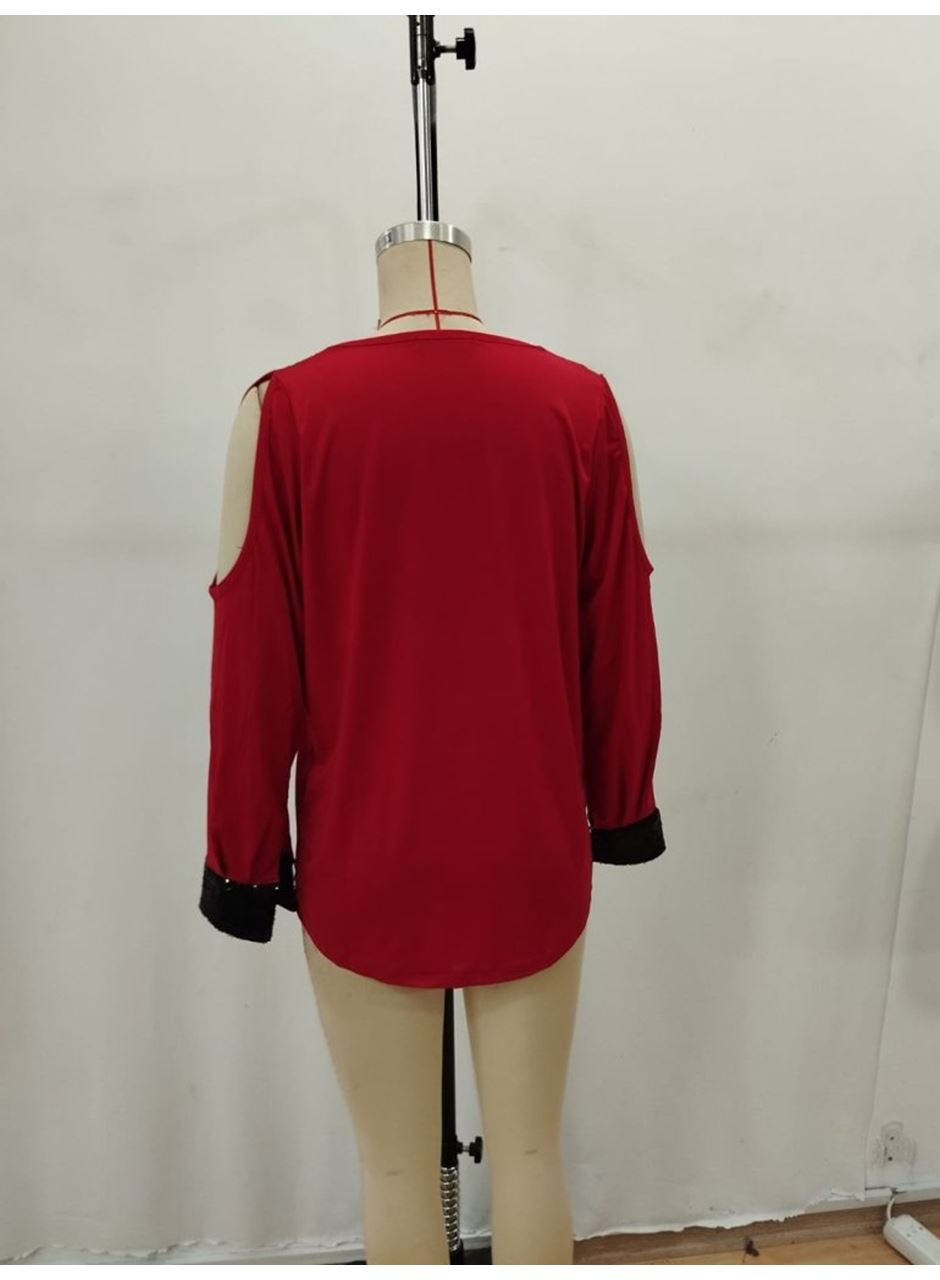 Kadın Uzun Kollu V Yakalı Omuzlardan Açık Sandy Bluz