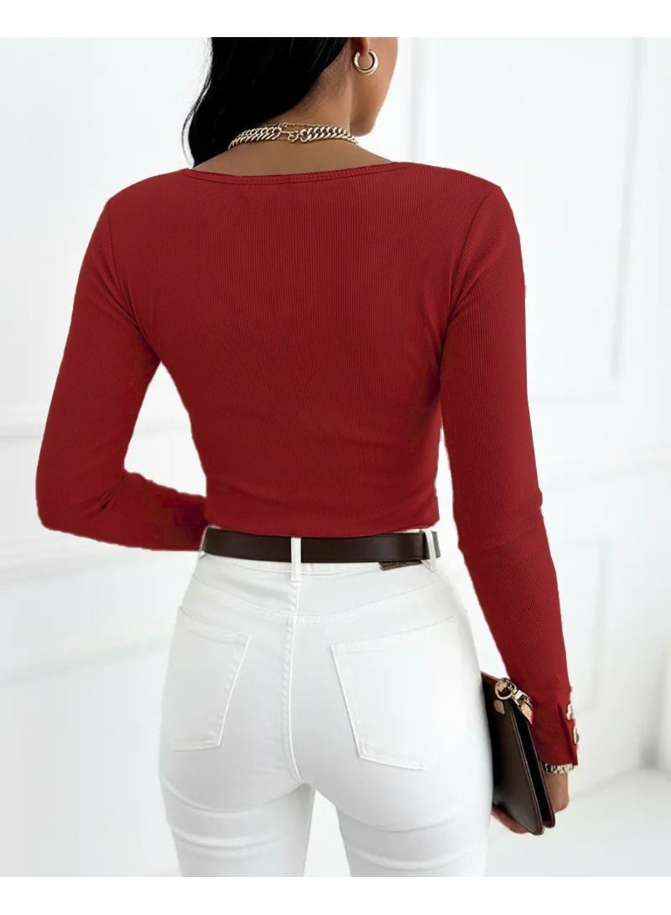 Kadın Uzun Kollu Yakadan Açık Ve Düğme Detaylı Kaşkorse Bluz