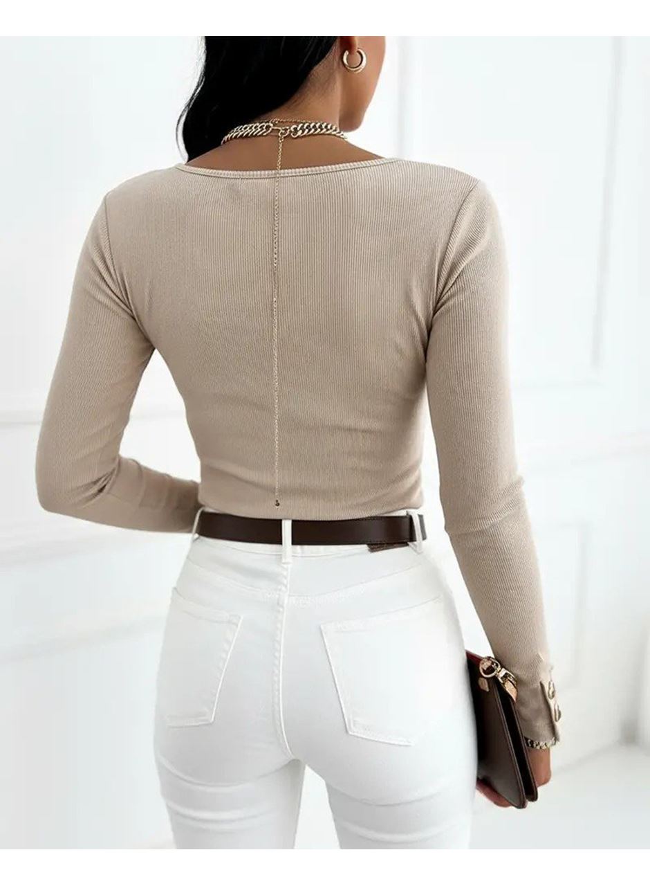 Kadın Uzun Kollu Yakadan Açık Ve Düğme Detaylı Kaşkorse Bluz