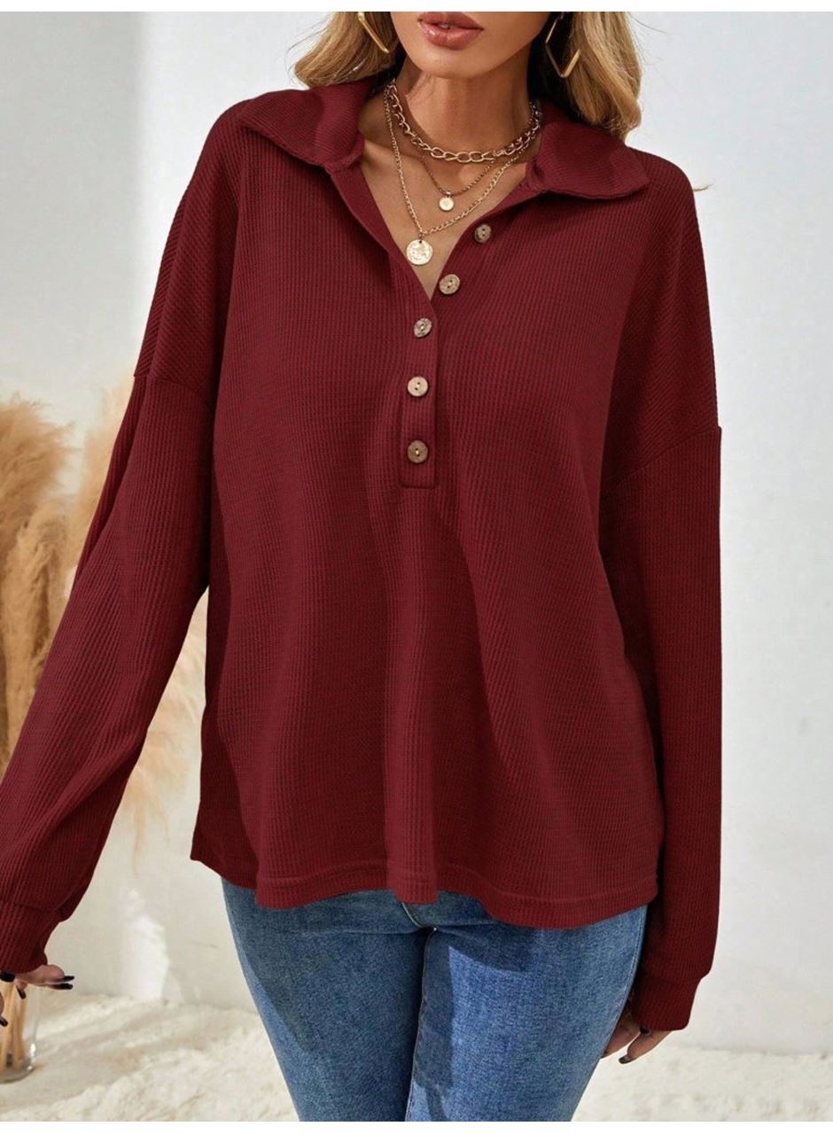 Kadın Uzun Kollu Yakalı Düğmeli Salaş Waffle Bluz