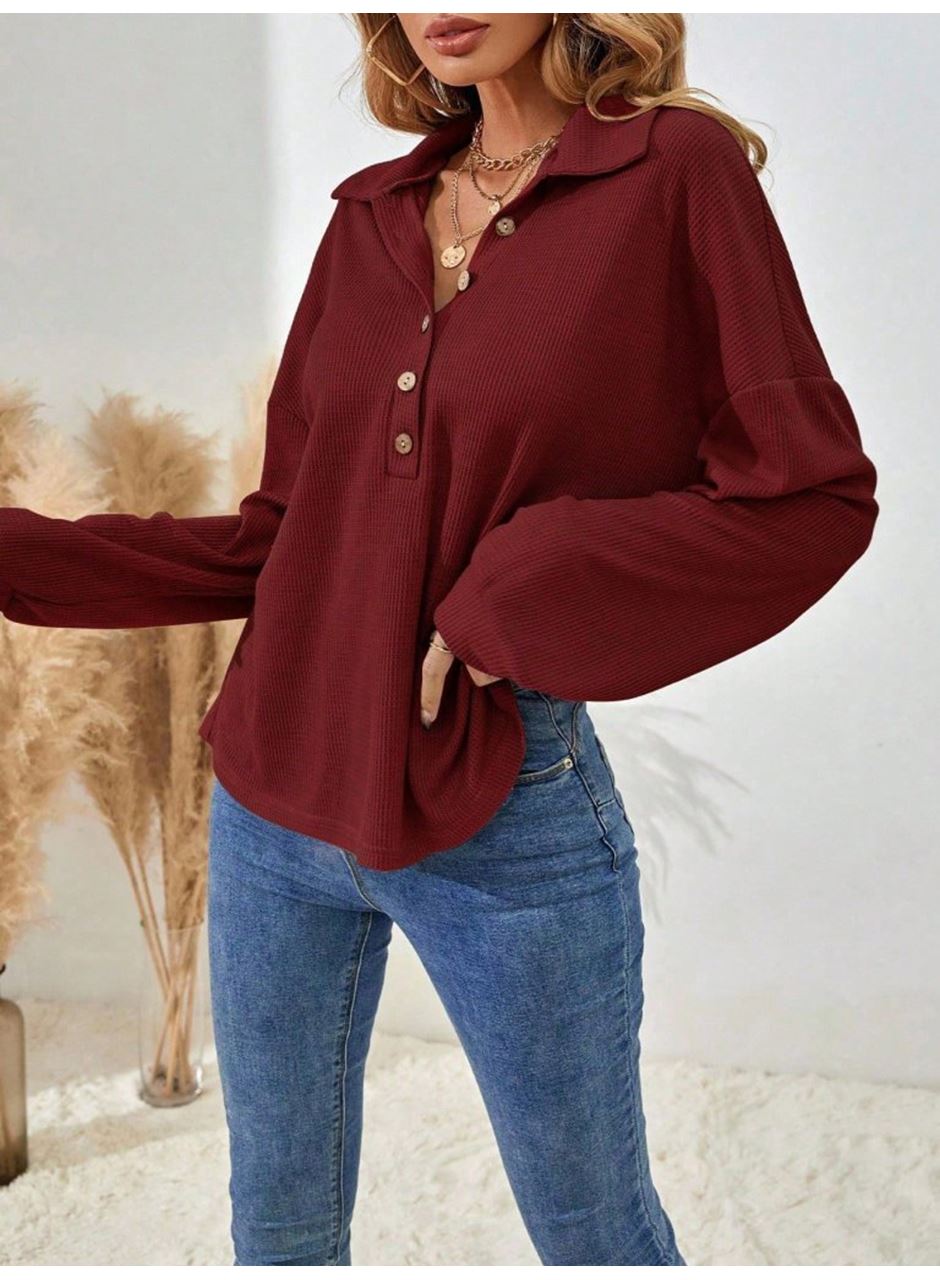 Kadın Uzun Kollu Yakalı Düğmeli Salaş Waffle Bluz
