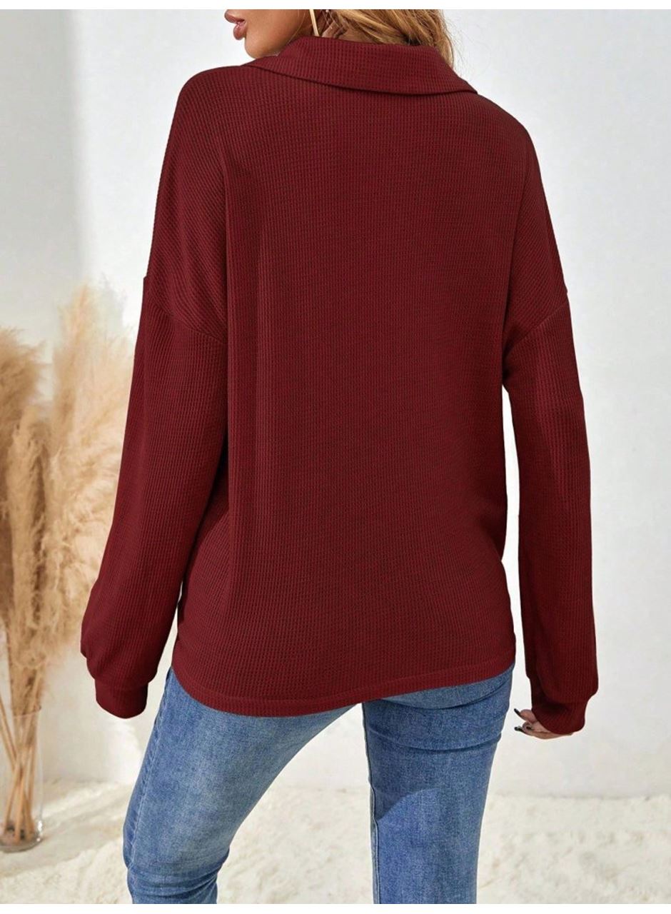 Kadın Uzun Kollu Yakalı Düğmeli Salaş Waffle Bluz